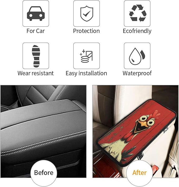 Universal Car Center Console Cushion Pad, Funny Rooster Soft Waterproof Car Center Console Cover Auto Armrest Seat Box Cover Protector for Most Vehicle SUV Truck Car