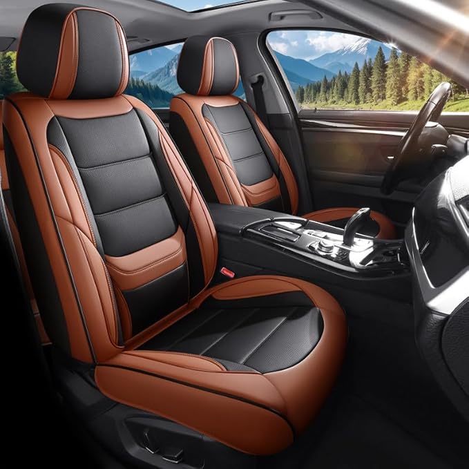 Car Seat Covers Full Set Custom Fit for Ford Fusion 2007-2020-Luxury Leather with Lumbar Support, Breathable, Waterproof, Anti-Slip, Durable, Easy to Install (BlackBrown,Full Set)