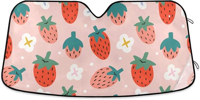 Qilmy Front Windshield Sun Shade Cute Hand Drawn Summer Berries Strawberries Folding Sun Shield Shade, Blocks UV Ray to Keep Your Vehicle CoolSun Visor Protector for Fits Car Truck SUV 55"x27.6"