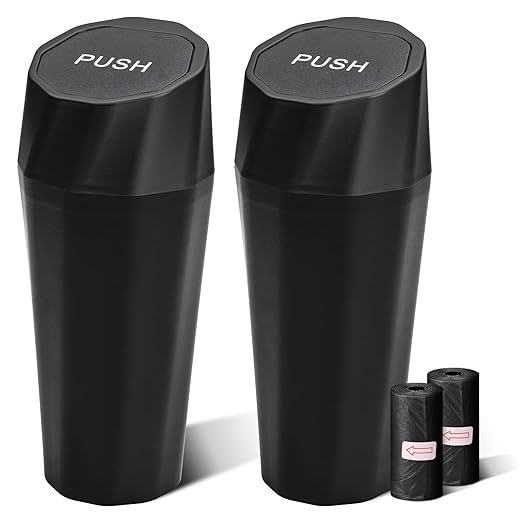 Car Trash Can Bin with Lid - 2 Packs Car Garbage Can with 40pcs Trash Bags for Cup Holder - Black Leakproof Mini Car Trash Bin for SUV Truck - Small Car Organizers and Storage for Door Front Back Seat