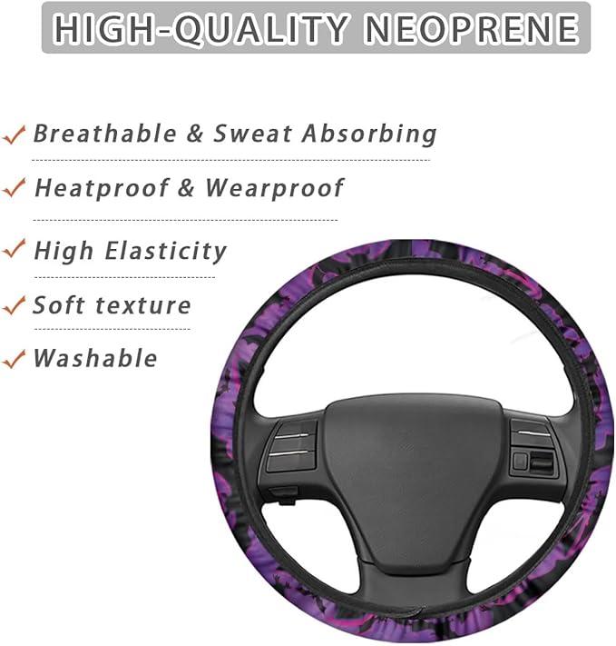 SEANATIVE Purple Bat Car Steering Wheel Cover, Anti-Slip, Safety, Soft, Breathable, Universal Car Steering Wheel Dust Cover, Easy to Disassemble