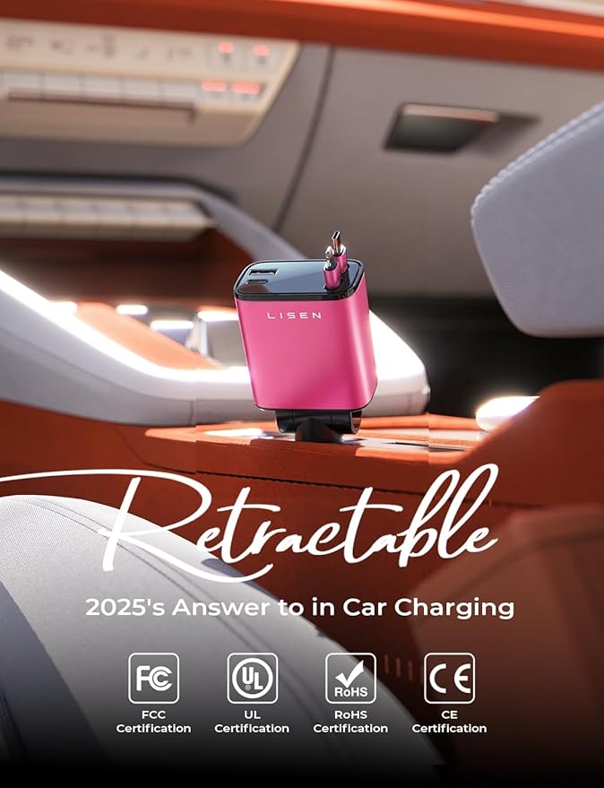 LISEN Retractable Car Charger 4 in 1, Fast Car Phone Charger with Cord 31.5inch, USB C and Apple Cars Adapter, Pink Accessories for Cute Women fit for iPhone 17 16 15 14 13 12 11 X, Samsung S26 S25