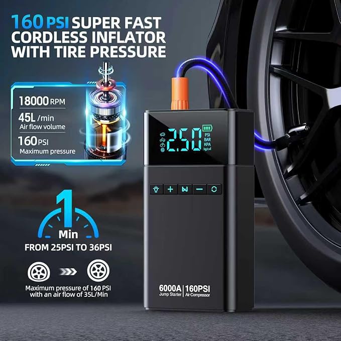 10-in-1 Portable Car Battery Jump Starter with Air Compressor, 6000A 160PSI Portable Car Jumper Starter (All Gas 12L Diesel), 12V Jump Box Car Battery Jump Starter with Jumper Cables, Lights