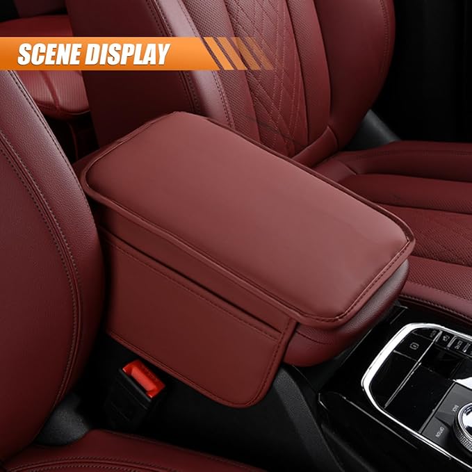 Car Center Console Cover, Leather Waterproof Auto Arm Rest Pad with Storage Bag, Scratch Resistant Middle Console Protector, Comfortable Vehicle Interior Accessories for Sedan SUV (Burgundy)