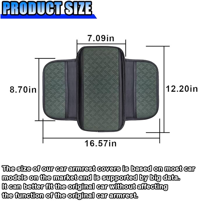 Car Center Console Cover, Leather Car Armrest Storage Box Protector Pad, Middle Console Cover with 2 Side Storage Bags, Vehicle Armrest Cushion for Most Cars, Trucks, SUVs (Black Dark Green)