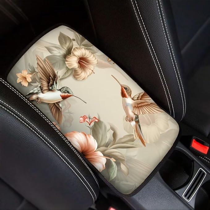 Coldinair Vintage Hummingbird Floral Car Armrest Cover,Auto Center Console Pad,Soft Seat Box Cover Protector Cushion,Car Accessories Decor for Most Cars,Sedan,Truck,SUV