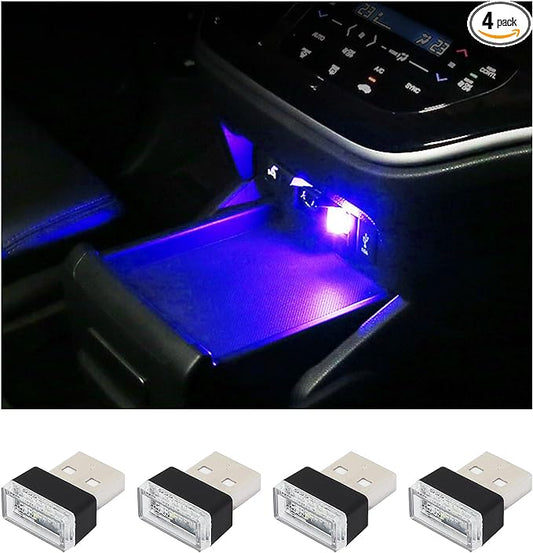 Augeny 4 PCS USB LED Car Interior Atmosphere Lamp, Plug-in USB Decor Night Light, Portable Auto Ambient Lighting Kit, Universal Vehicle Interior Accessories for Most Cars (Blue)