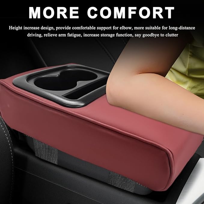 Car Center Console Armrest Pillow, 14"×8.3" Waterproof Leather Armrest Box Cover with Cup and Phone Holder, Soft Memory Foam Arm Rest Console Pad Protector for SUV Truck (Wine Red, Glossy)