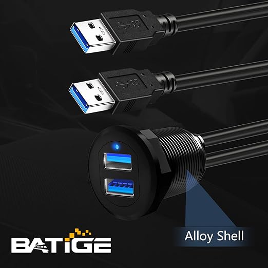 BATIGE Alloy Dual Port USB 3.0 Car Dashboard Flush Mount Cable, Male to Female with LED Indicator Extension Cable for Car Truck Boat Motorcycle Dashboard Panel - 3ft
