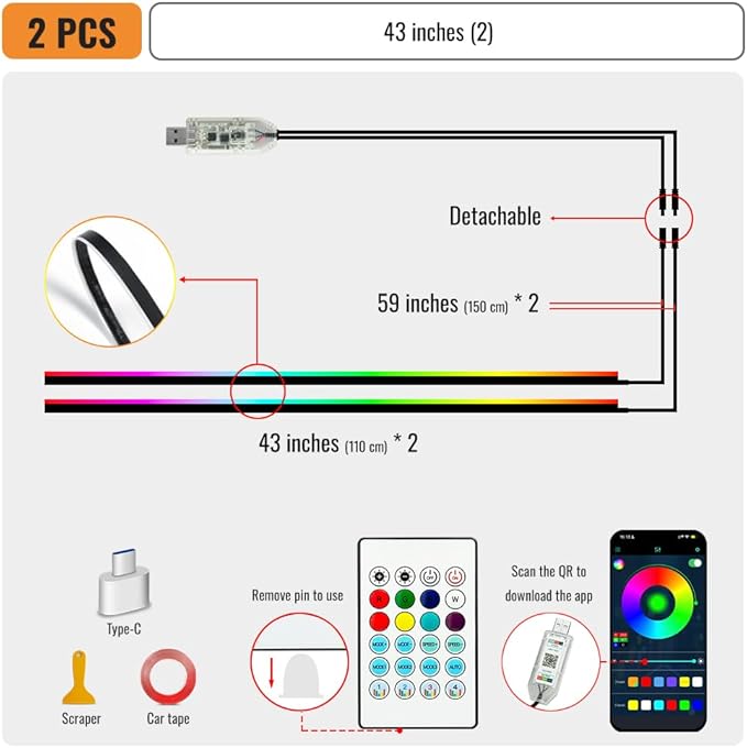Ambient Lighting Car led Lights Interior, 43.3'' USB Powered Acrylic Neon Flexible Strip Model y Ambient Lighting kit with Remote APP,Dynamic RGB 2 in 1 Music Lights Sync for Inside car Decorations