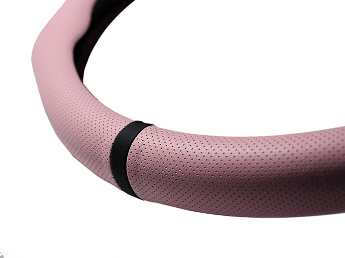 Quick Install Sporty Perforated Pink Nappa Leather Steering Wheel Cover with Black Stripe Universal fit 14½" to 15" Car SUV Pickup 14.5 to 15 inches Napa