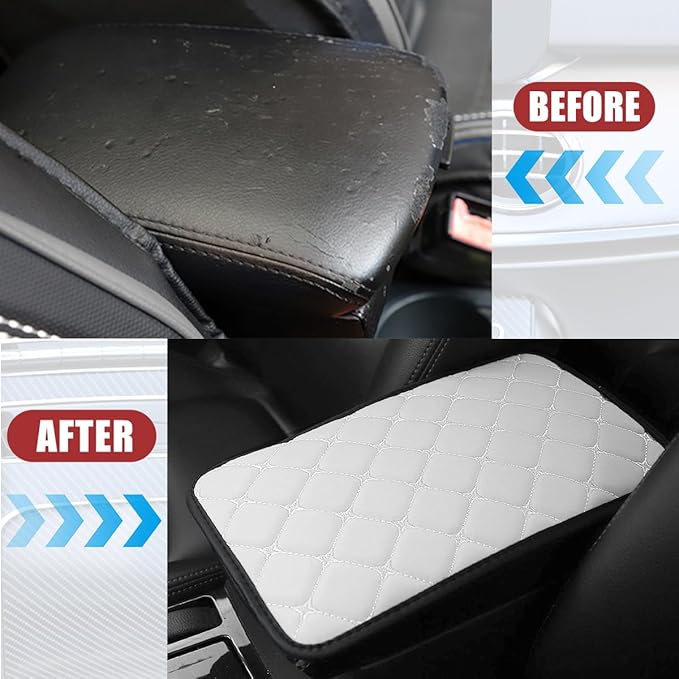 Car Center Console Cushion Pad, PU Leather Vehicle Armrest Cover Protector, Anti-Scratch Automotive Interior Arm Rest Seat Box Mat Accessories, Universal for SUV Sedan Truck (White)