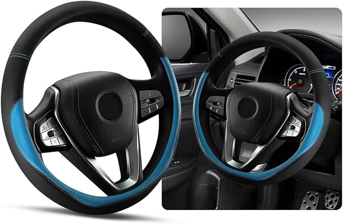 Ziciner Steering Wheel Cover, Soft Leather Premium Durable Elastic Auto Wheel Cover Protector, Stretch Breathable Anti-Slip Lining, Universal 14.5-15 inch Car Interior Accessories (Blue)