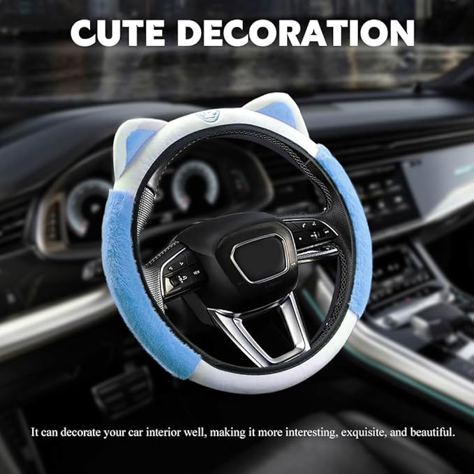 Car Steering Wheel Cover, 15 Inch Fluffy Soft Plush Auto Protector, Anti-Slip Elastic Lovely Car Cover Accessories with Kitty Cat Ears Universal for Most Vehicles (Fluffy-White+Blue)