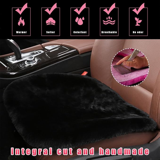 2 PCS Sheepskin Car Seat Cushion, Comfortable Soft Fur Wool Auto Front Seat Cover, Vehicle Seat Protector Pad for Warm Winter Office Chair, Universal Decor Car Accessories (Black)