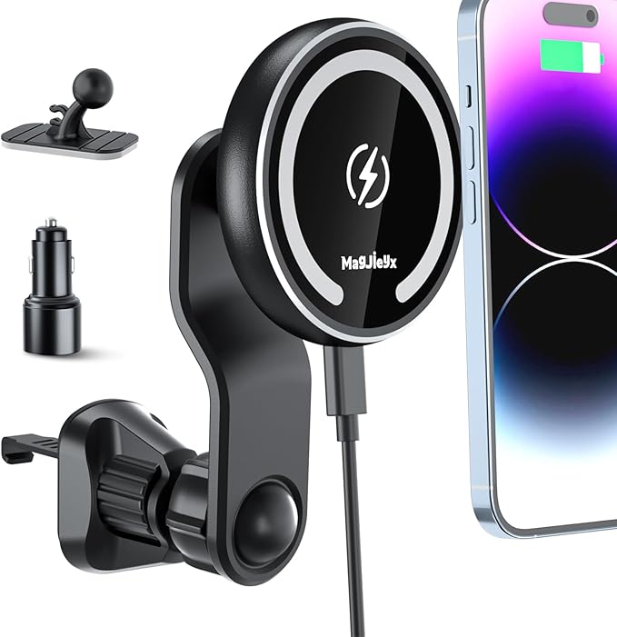 MAGJIEYX for Magsafe Car Mount Charger, Magnetic Wireless Charger for iPhone 12/13/14/15/16 17 Pro Max/Plus/Mini/Magsafe Case Air Vent and Dashboard Phone Holder with Fast 36W Adapter