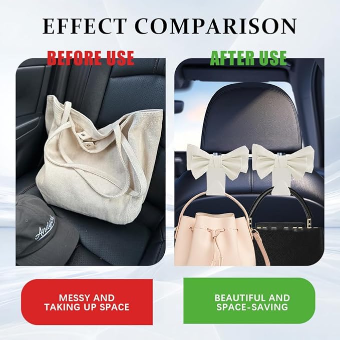 2PCS Car Purse Hooks, Car Hooks for Purses and Bags Cute, Cute Bow Shaped Vehicle Backseat Storage Hanger, Auto Leather Bow Back Seat Storage Hanging Holder Universal for Women Girls (White)