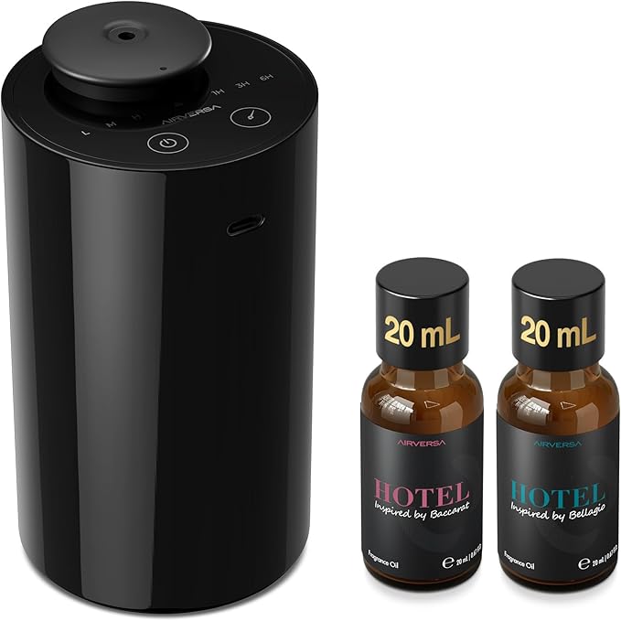 Airversa Waterless Essential Oil Diffuser Starter Kit with 2x20mL Hotel Fragrance Oils for Car Home Office, Cordless Battery Operated Scent Air Cool Mist Diffuser, Mist & Timers, AN6Kit-B Black