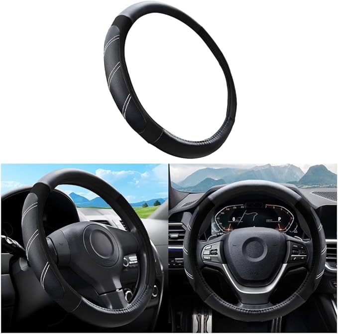 Mandark Car Steering Wheel Cover, Elastic Sport Leather Vehicle Steering Wheel Protector, Non-Slip Soft Grip Padded Auto Interior Protective Accessories, 14.5-15 Inch Universal Fit（Black）