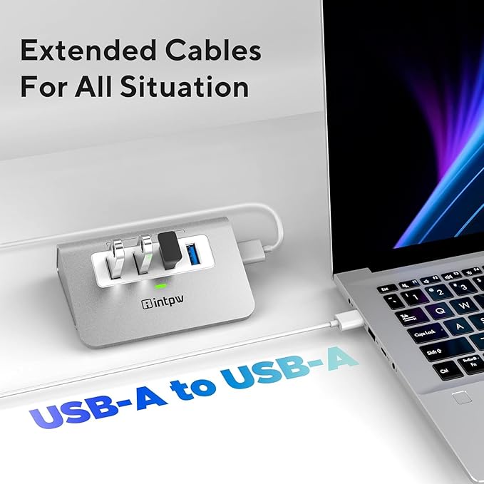 intpw USB 3.0 Hub, Aluminum 4 Port USB Data Hub 3.0 Port Extender Multiport Adapter with 3.3ft Cable ，USB Splitter for Laptop, PC/Xbox/Flash Drive/Printer/Camera/Keyborad/Mouse