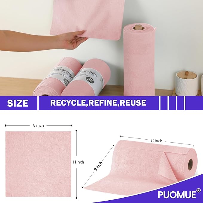 Puomue 55 Pack Microfiber Cleaning Cloth Roll, Tear Away Reusable Towels, 11" X 9", Ultra Absorbent & Lint Free Microfiber Cloth for Cleaning Cars, Kitchen, Window, Home and Shop (Pink, 9"X11"-55PK)