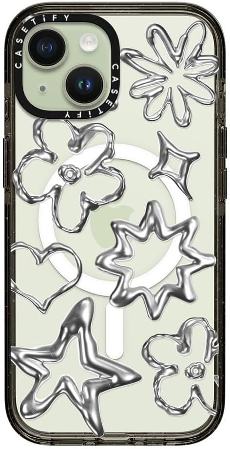 CASETiFY Impact iPhone 15 Case [4X Military Grade Drop Tested / 8.2ft Drop Protection/Compatible with Magsafe] - Chrome Doodles - Clear Black