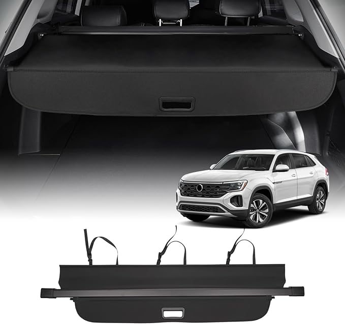 Powerty Retractable Cargo Cover for 2018-2024 VW Atlas(NOT for Cross Sport), Canvas Texture Trunk Cover Privacy Screen Rear Security Shade for Volkswagen Atlas Accessories(with Extented Cover)