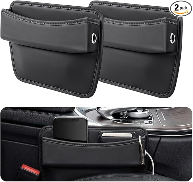 2PCS Car Seat Gap Filler Organizer,Large Capacity Car Center Console Organizer for Storing Keys/Phones/Cards,Leather Front Seat Organizers with 2 Charging Cable Holes