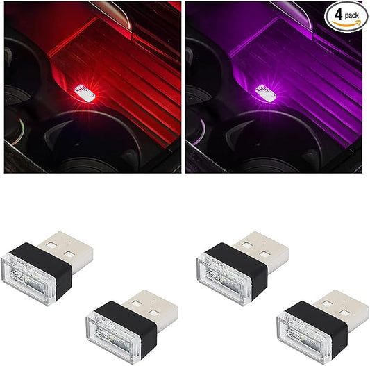 Augeny 4 PCS USB LED Car Interior Atmosphere Lamp, Plug-in USB Decor Night Light, Portable Auto Ambient Lighting Kit, Universal Vehicle Interior Accessories for Most Cars (2 Red+2 Purple)