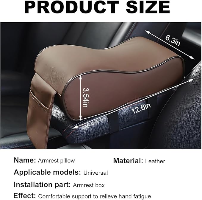 Car Armrest Cushion, Soft Memory Foam Auto Armrest Pillow with Storage Bag, Leather Center Console Arm Rest Padded Cushion with Phone Holder, Universal Car Accessories (Coffee)
