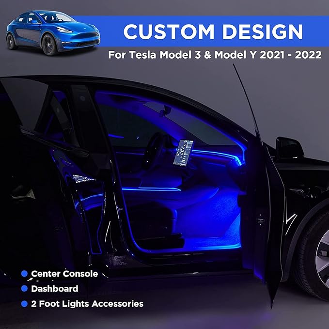 Nestour Interior Car Neon Lights Fit for Tesla Model 3 Y 2016-2020, (Center Console+Dashboard+2 Foot Lights) with Matching Armrest Organizer, Tesla Ambient Lights, APP-Controlled RGB LED Strip Lights