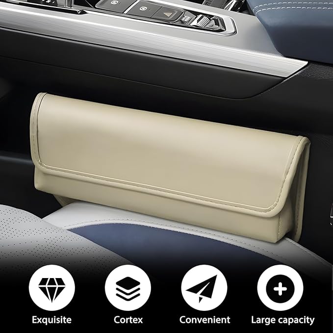 Car Seat Gap Filler Organizer, Leather Vehicle Side Seat Gap Storage Box with Lid for Phone Key Card, L-Capacity Auto Interior Organization, Universal for SUV Sedan Truck (Beige)