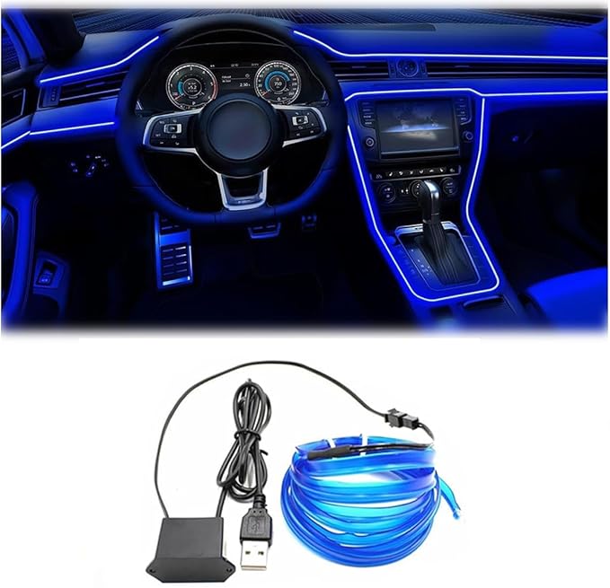 EL Wire Interior Car LED Strip Lights, 16.5FT USB Neon Glowing Strobing El Wire Strip with 6mm Sewing Edge, Ambient Lighting Kits for Car Inside Decorations (Blue)