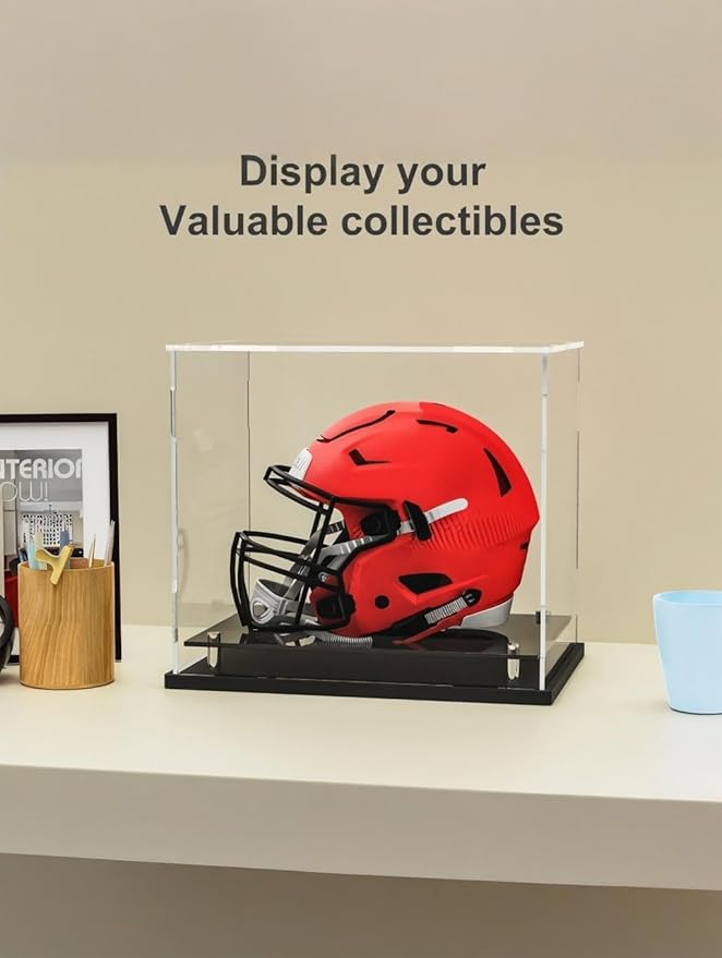 Football Helmet Display case Full Size,Self-Assembly Acrylic Helmet Display Case with Black Protection Holder Base,UV Protection Clear Sports Memorabilia Showcase for Basketball Sneakers