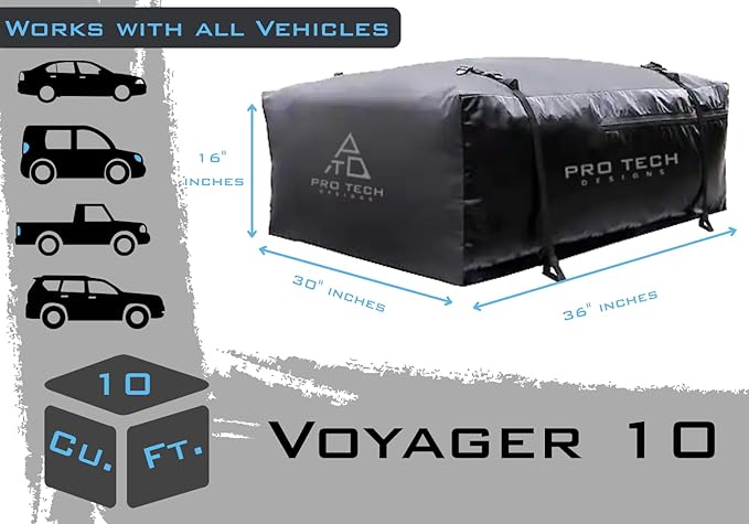 Voyager 10 Cubic Feet Waterproof Rooftop Cargo Roof Bag, No Roof Rack Needed UV-Protected PVC Semi-Coated Mesh, Welded Seams, Water Seal Zipper 36" L x 30" W x 16" H