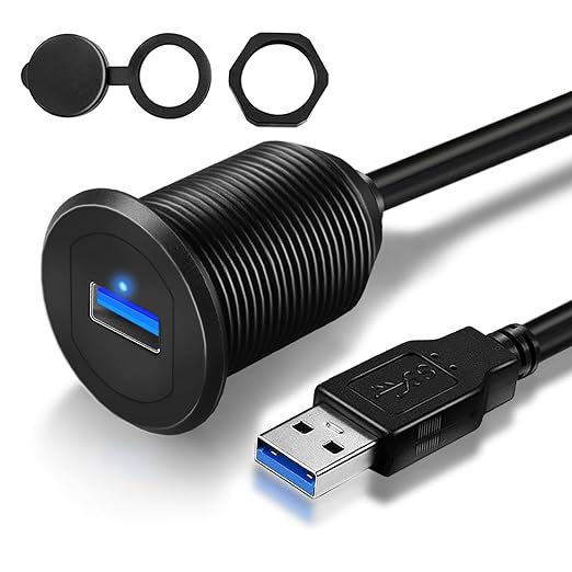 USB 3.0 Car Mount Flush Cable with LED Indicator Single Port, USB3.0 Male to Female Extension for Car Truck Boat Motorcycle Dashboard Panel 3ft