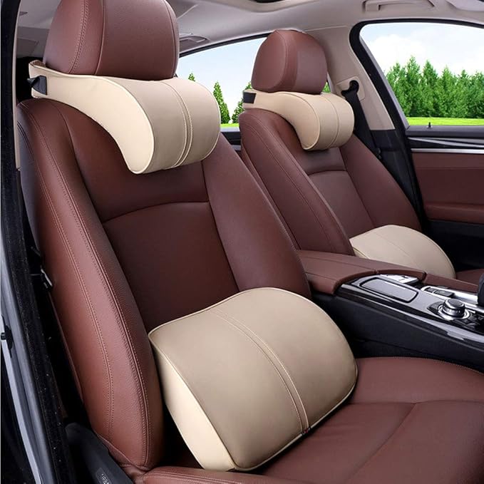 Car Seat Lumbar Support Pillow Neck Pillow Headrest Head Support Back Cushion Pad Soft Memory Foam Artificial Leather for Car Home Office Chairs Lower Back Pain Relief Corrects Posture Beige