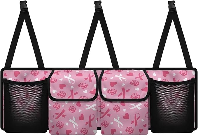 Pink Ribbon Roses Car Trunk Organizer Bag Car Back Seat Storage Bag with 4 Pockets Automotive Interior Accessories for SUV MPV Sedans Pickup Jeep Trucks