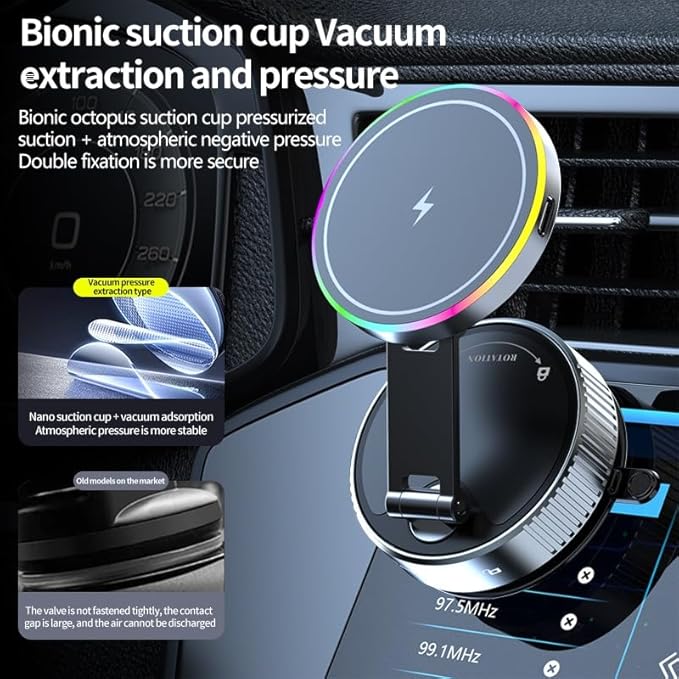 Trendwave Car Mount Charger 15W Wireless Charger Suction Cup Phone Mount with Breathing RGB Light, 360° Adjustable Vacuum Magnetic Holder for iPhone 17 Pro Max/17 Air/16/15 Plus – Gray