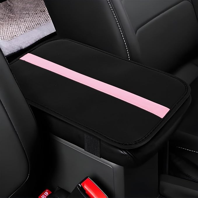 wuyaoyao Car Center Console Cover, 12.6"×7.87" PU Leather Armrest Cover for Cars, Stylish Auto Armrest Cushion Pad, Waterproof Vehicle Arm Rest Protector, Interior Car Accessories (Black+Pink)