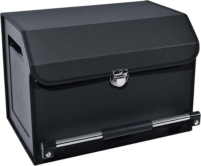 XCF Car Trunk Organizer, Leather Trunk Organizer with Lid and Push-pull Handle Car Storage Box for SUV, Minivan, Sedan (Black, 16.9 x 11.4 x 12.2in)