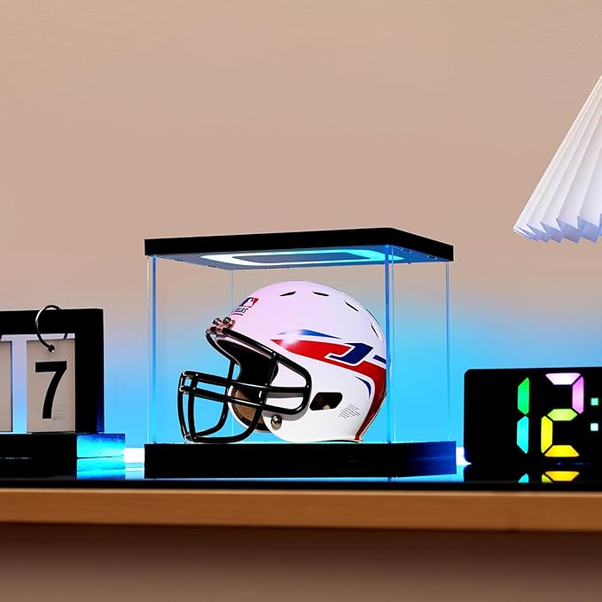 Mini Helmet Display Case with Light, Acrylic Clear 1/2 Football Baseball Helmet Showcase with Multiple Color Lights for Sports Collectibles（7.5×5.9×6.3inch）