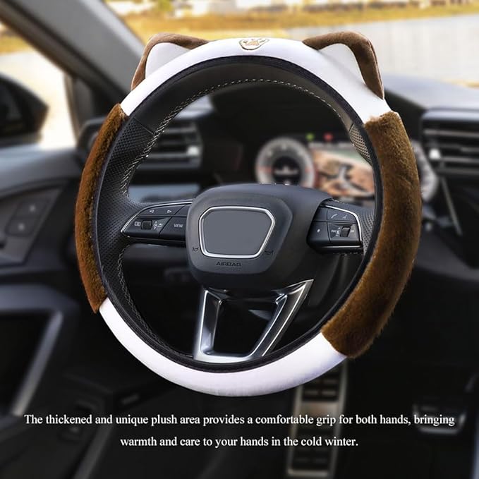 Car Steering Wheel Cover, 15 Inch Fluffy Soft Plush Auto Protector, Anti-Slip Elastic Lovely Car Cover Accessories with Kitty Cat Ears Universal for Most Cars (Fluffy-White+Brown)