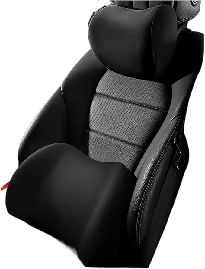 Memory Foam Car Neck Pillow & Waist Cushion - Soft fit for Seat Headrest & Lumbar Support for Comfort(Hb-Black 1set)