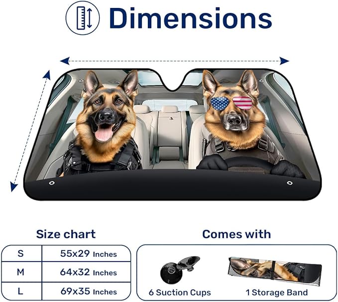 GENANY German Shepherd Police Windshield Sun Shade for Car SUV Truck (55x30 Inches), Sun Shade Windshield, Shades for Windows, Protector Blocks UV, Spring Car Decor