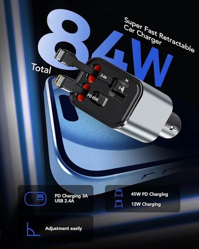 84W Upgraded Retractable Car Charger Adapter for iPhone 17,4 in 1 Fast Charging Car Phone Charger,USB C Car Truck Accessories,Road Trip Essentials Gift for Men for iPhone 17/16/15,Galaxy S26,Pixel 10