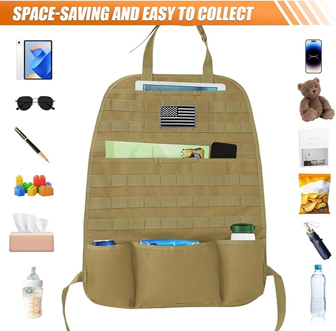 Tactical Molle Car Seat Back Organizer, Vehicle Panel Car Seat Back Cover Protector with 5 Storage Pouch, Universal Backseat Storage Organizer with USA Flag Patch for Car SUV (Khaki-2 Pcs)