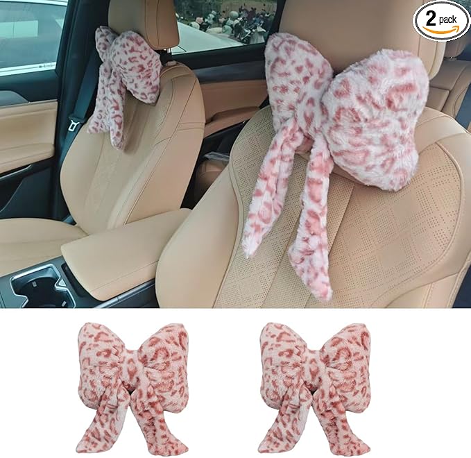2PCS Cute Bow Car Headrest Pillow, Soft Breathable Leopard Plush Car Neck Support Pillow, Comfortable Warm Ergonomic Auto Interior Head Rest Cushion for Women, Girl (Pink)
