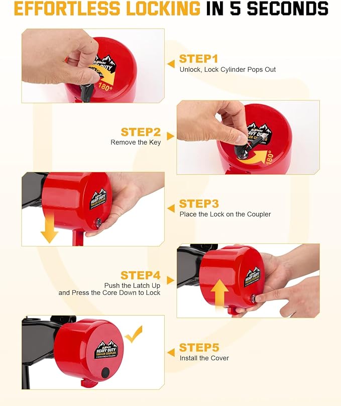 Trailer Hitch Locks, Heavy Duty Trailer Coupler Lock Fits 2-5/16"&2" Couplers, Anti-Theft Structural Steel Tongue Lock Essentials Accessories for RV, Trailer, Boat, Cargo, Camper, Utility–RED