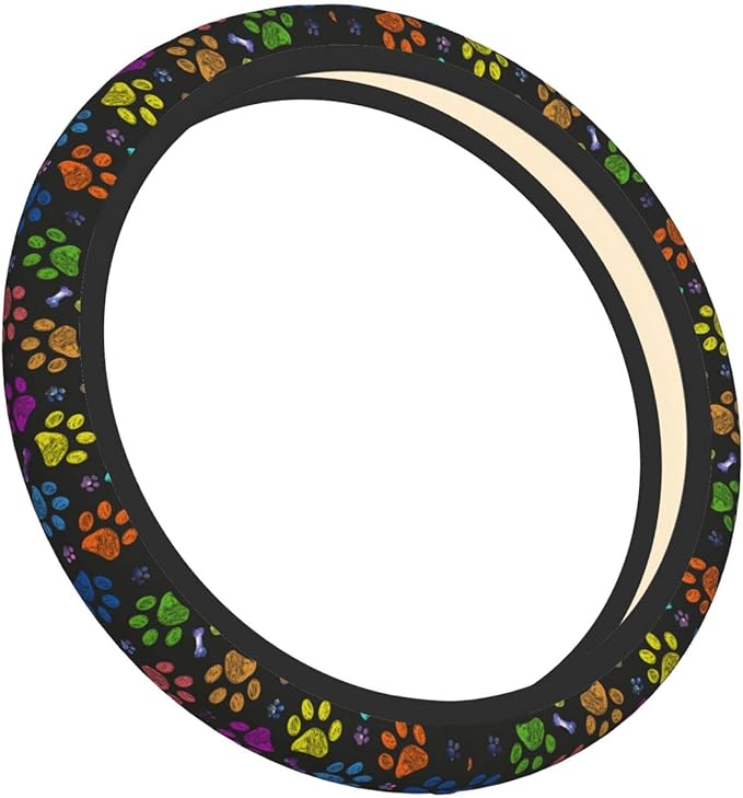 Dog Paw Print Steering Wheel Cover Women Men Elastic Stretch Soft Car Wheel Protector Universal Breathable No-Slip Car Accessories for Truck Van SUV Auto Fit 14-15 Inches